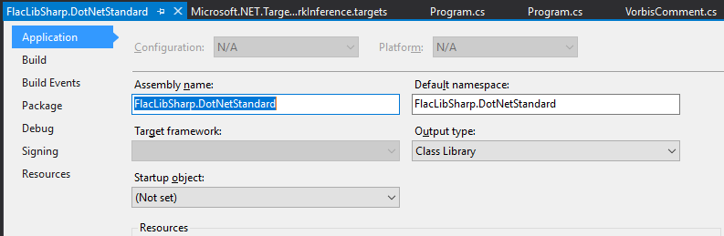 Visual Studio dialog Project Properties > Application showing a disabled drop-down for the Target framework setting