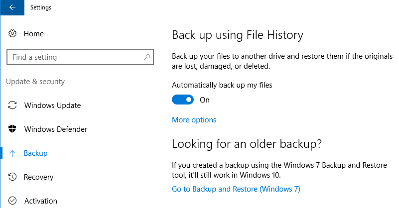 Windows configuration: Settings > Update & Security > Backup