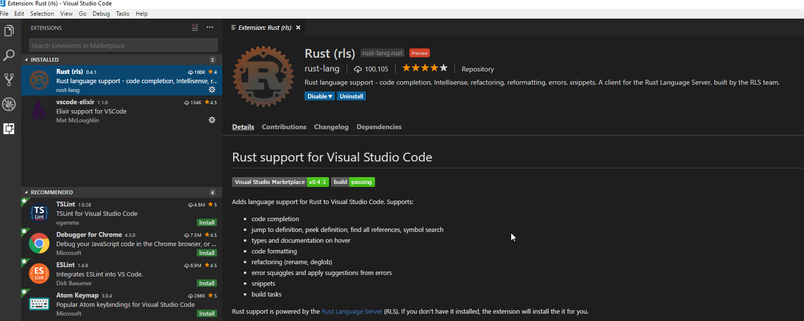 Shows the Rust extension in Visual Studio Code