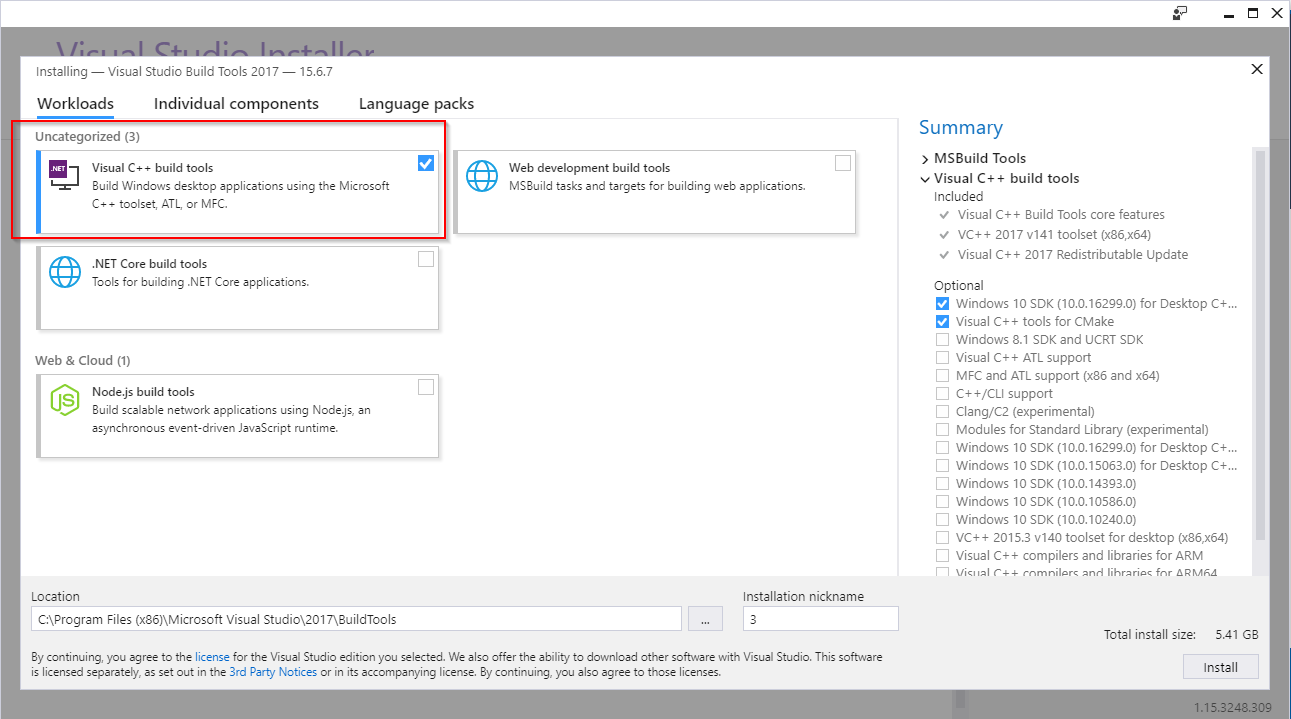 Image showing the Visual Studio Installer with the option to install the Build Tools