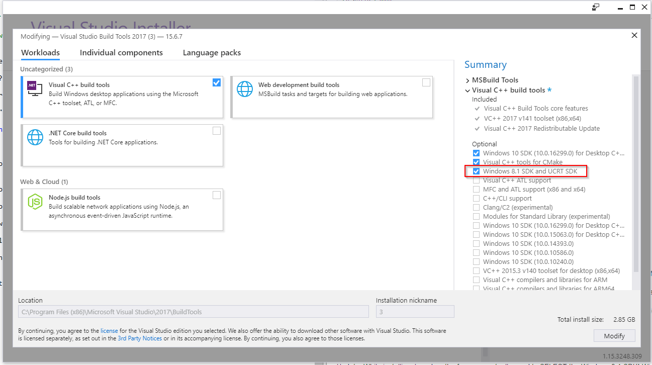 The checkbox for the Windows 8.1 SDK in the installer, which is not enabled by default